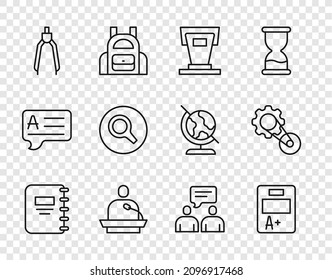 Set line Notebook, Exam sheet with A plus grade, Stage stand, Gives lecture, Drawing compass, Magnifying glass, Two sitting men talking and Timing belt kit icon. Vector