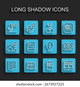 Set line Notebook, Foreign language online study, Microphone voice device, Online translator, Translator, Certificate template and Information icon. Vector