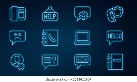 Set line Notebook, Hello in different languages, Telephone 24 hours support, Phone, Sad smile, handset, Laptop and Signboard with text Help icon. Vector