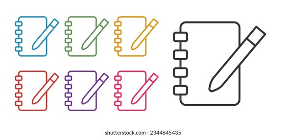 Set line Notebook icon isolated on white background. Spiral notepad icon. School notebook. Writing pad. Diary for school. Set icons colorful. Vector