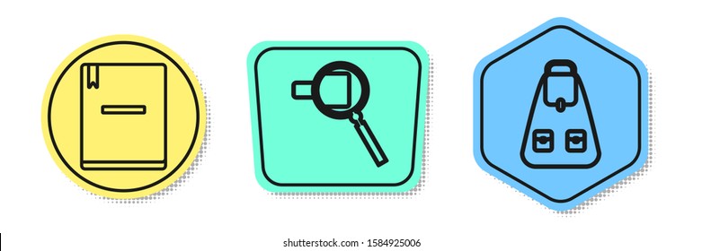 Set line Notebook, Magnifying glass and School backpack. Colored shapes. Vector