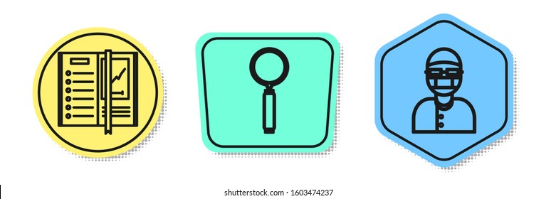 Set line Notebook, Magnifying glass and Assistant. Colored shapes. Vector