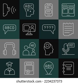 Set line Notebook, Microphone voice device, Online translator, Foreign language online study, Alphabet, Ear listen sound signal and Speech bubbles with Question icon. Vector