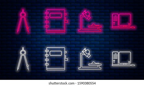 Set line Notebook, Microscope, Drawing compass and Computer monitor with keyboard and mouse. Glowing neon icon on brick wall. Vector