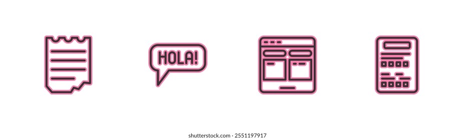 Set line Notebook, Online translator, Hola different languages and Exam sheet icon. Vector