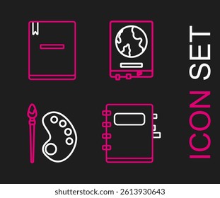 Set line Notebook, Paint brush with palette, World map on school blackboard and  icon. Vector