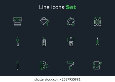 Set line Notebook, Paint roller brush, Color palette guide, Pencil with eraser, Wood easel, Stationery knife and Palette icon. Vector