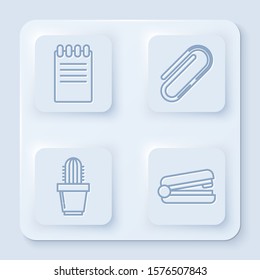 Set line Notebook, Paper clip, Cactus and succulent in pot and Office stapler. White square button. Vector