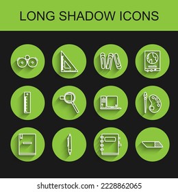 Set line Notebook, Pen, Ringing alarm bell, Eraser or rubber, Magnifying glass, Paint brush with palette and Computer monitor keyboard and mouse icon. Vector
