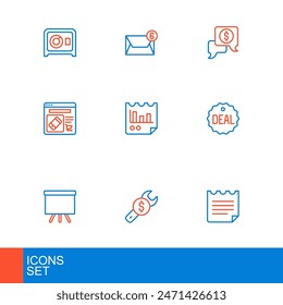 Set line Notebook, Repair price, Chalkboard, Deal, Online shopping on screen, Document with graph chart, Business negotiations and Mail and e-mail icon. Vector