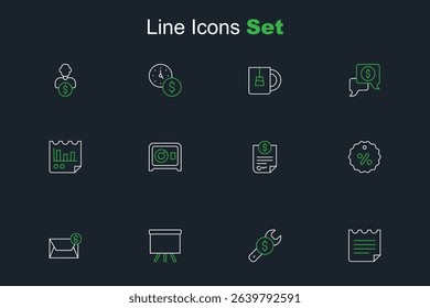 Set line Notebook, Repair price, Chalkboard, Mail and e-mail, Discount percent tag, Contract money, Safe and Document with graph chart icon. Vector