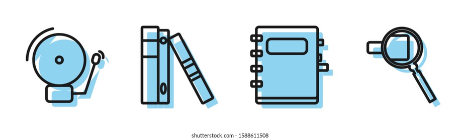 Set line Notebook, Ringing alarm bell, Office folders with papers and documents and Magnifying glass icon. Vector