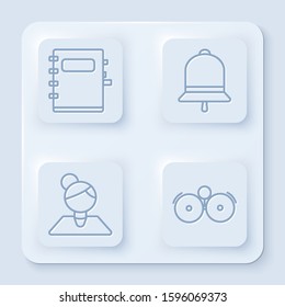Set line Notebook, Ringing bell, Teacher and Ringing alarm bell. White square button. Vector