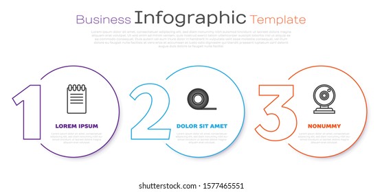 Set line Notebook, Scotch and Web camera. Business infographic template. Vector