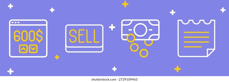 Set line Notebook, Stacks paper money cash, Sell button and Monitor with dollar icon. Vector