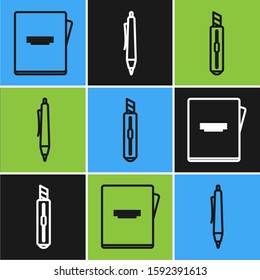 Set line Notebook, Stationery knife and Pen icon. Vector