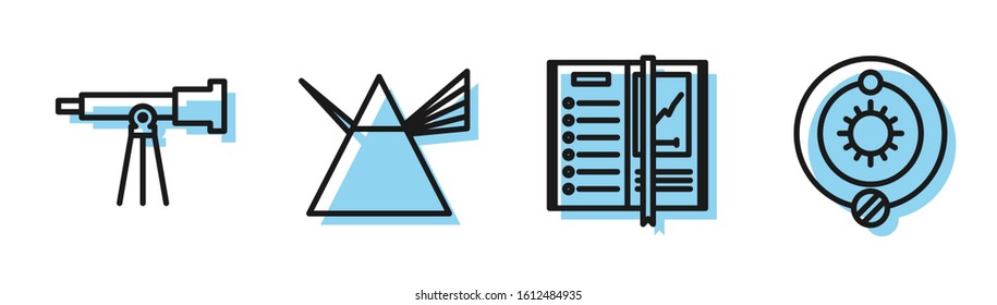 Set line Notebook, Telescope, Light rays in prism and Solar system icon. Vector