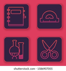 Set line Notebook, Test tube and flask chemical laboratory test, Protractor grid for measuring degrees and Scissors. Blue square button. Vector