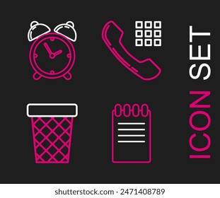 Set line Notebook, Trash can, Telephone handset and Alarm clock icon. Vector