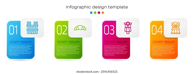 Definir linha Notre Dame de Paris, Croissant, Scooter e Moinho de Vento. Modelo de infográfico comercial. Vetor