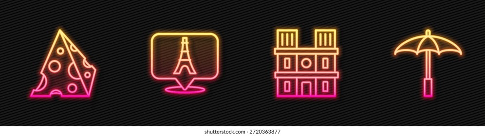 Set line Notre Dame de Paris, Queso, Torre Eiffel y Paraguas para playa. Icono de neón brillante. Vector