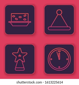 Set line Nougat with nuts, Christmas star, Christmas Santa Claus hat and Clock. Blue square button. Vector