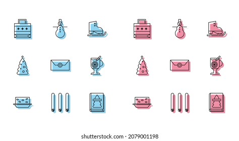 Set line Nougat with nuts, Christmas paper shopping bag, book, Envelope christmas party invitation card, Mulled wine glass drink, tree decorations and snowman icon. Vector