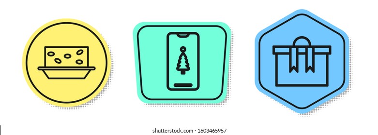 Set line Nougat with nuts, Smartphone with gift box and Gift box. Colored shapes. Vector