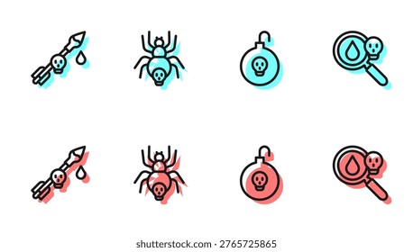 Set line Nuclear bomb, Poison on the arrow, Poisonous spider and magnifying glass icon. Vector