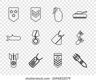 Set line Nuclear bomb, rocket, Hand grenade, Military dog tag, Chevron, reward medal,  and Aviation icon. Vector