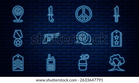 Set line Nuclear explosion, Military rank, Peace, Pistol or gun, reward medal, Location peace,  and knife icon. Vector