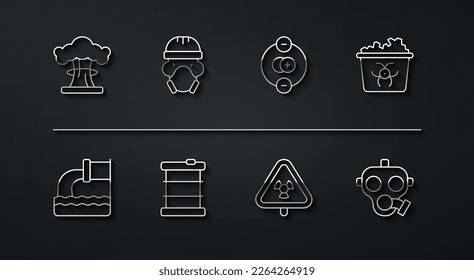 Línea fija Explosión nuclear, Aguas residuales, Residuos infecciosos, Triángulo con radiación, Radioactivo en barril, reactor, máscara de gas e icono Átomo. Vector