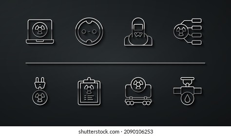 Set line Nuclear laptop, Radiation electrical plug, Radioactive, cargo train, warning document, Electrical outlet, Industry pipe and valve and reactor worker icon. Vector