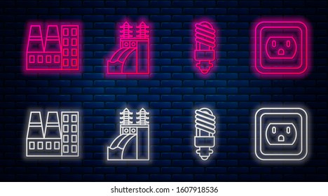 Set line Nuclear power plant, LED light bulb, Power station plant and factory and Electrical outlet in the USA. Glowing neon icon on brick wall. Vector