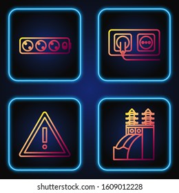 Set line Nuclear power plant, Exclamation mark in triangle, Electric extension cord and Electrical outlet. Gradient color icons. Vector