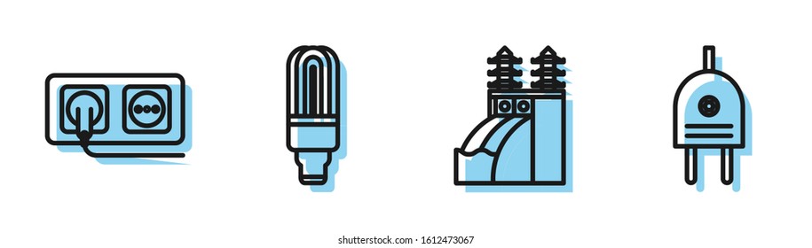 Set line Nuclear power plant, Electrical outlet, LED light bulb and Electric plug icon. Vector