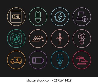 Set line Nuclear power plant, Light bulb with leaf, Recharging, Solar energy panel, Electric plug, Electrical outlet, Wind turbine and LED light icon. Vector