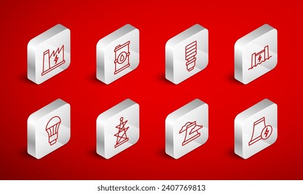 Set line Nuclear power plant, Bio fuel barrel, LED light bulb, Hydroelectric dam, Electric tower and  icon. Vector