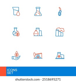 Planta de energía nuclear, bomba de aceite o gato de la bomba, gota con el símbolo del dólar, y la fábrica industrial de gas, tubo de ensayo de gasolina, almacenamiento del tanque, boquilla de gasolina e icono. Vector