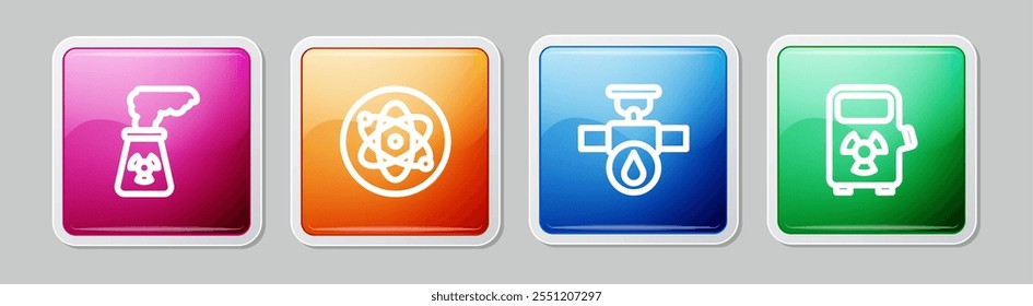 Planta de energía nuclear, átomo, tubería y válvula de la industria y estación de carga del coche eléctrico. Colorido Botón cuadrado. Vector