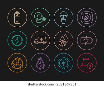 Set line Nuclear power plant, Battery, LED light bulb, Electric car, Recharging, Water energy and Global planet icon. Vector