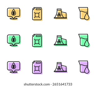 Linha Set Nuclear usina de energia, gota de óleo com símbolo de dólar, Canister para gasolina e gasolina ícone do tubo de teste. Vetor