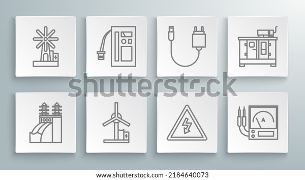 Set line Nuclear power plant, Battery, Wind\
turbine, High voltage sign, Ampere meter, multimeter, voltmeter,\
Charger, Diesel generator and  icon.\
Vector