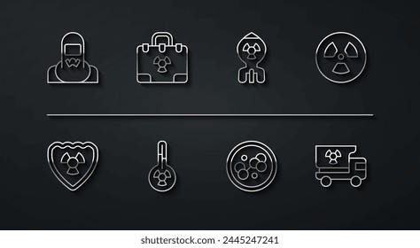 Set line Nuclear reactor worker, Radioactive in shield, Molecule, Meteorology thermometer, Radiation nuclear suitcase, Truck with radiation materials and bomb icon. Vector