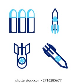 Cohete nuclear, bomba, peligro biológico e icono de bala. Vector