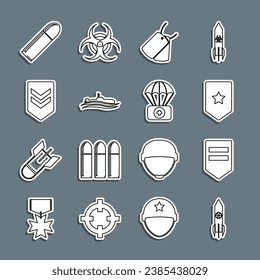 Fijar línea cohete nuclear, Chevron, etiquetas de perros militares, submarino, bala y paracaídas con icono del kit de primeros auxilios. Vector