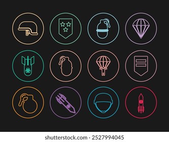 Foguete nuclear, Chevron, granada de mão, bomba Bio-hazard, capacete militar, paraquedas e ícone. Vetor