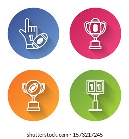 Set line Number 1 one fan hand glove with finger raised and american football ball, Award cup and Sport football mechanical scoreboard and result display. Color circle button. Vector