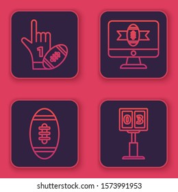 Set line Number 1 one fan hand glove with finger raised and ball, American football on tv program and Sport football mechanical scoreboard and result display. Blue square button. Vector