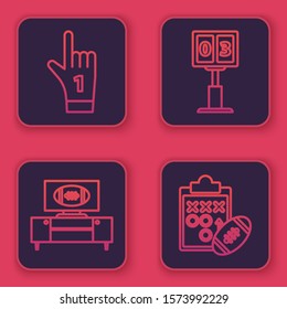 Set line Number 1 one fan hand glove with finger raised, American football on tv program and stand, Sport football mechanical scoreboard and result display and Planning strategy concept. Vector